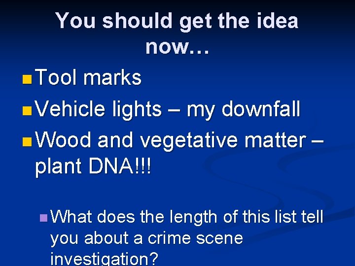 You should get the idea now… n Tool marks n Vehicle lights – my