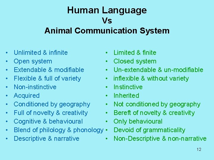 Human Language Vs Animal Communication System • • • Unlimited & infinite Open system