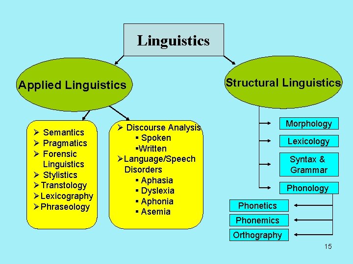 Linguistics Applied Linguistics Ø Semantics Ø Pragmatics Ø Forensic Linguistics Ø Stylistics ØTranstology ØLexicography