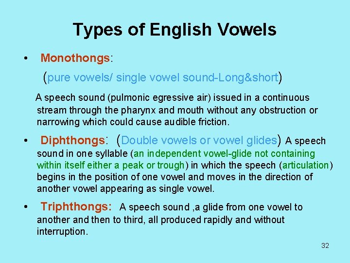 Types of English Vowels • Monothongs: (pure vowels/ single vowel sound-Long&short) A speech sound
