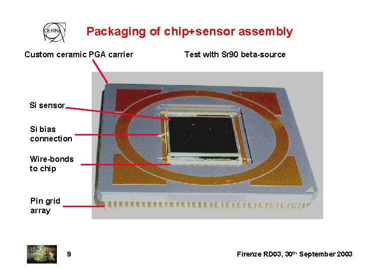 Packaging of chip+sensor assembly Custom ceramic PGA carrier Test with Sr 90 beta-source Si
