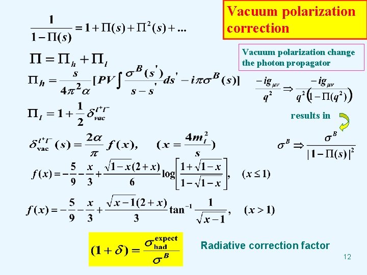 Vacuum polarization correction Vacuum polarization change the photon propagator results in Radiative correction factor