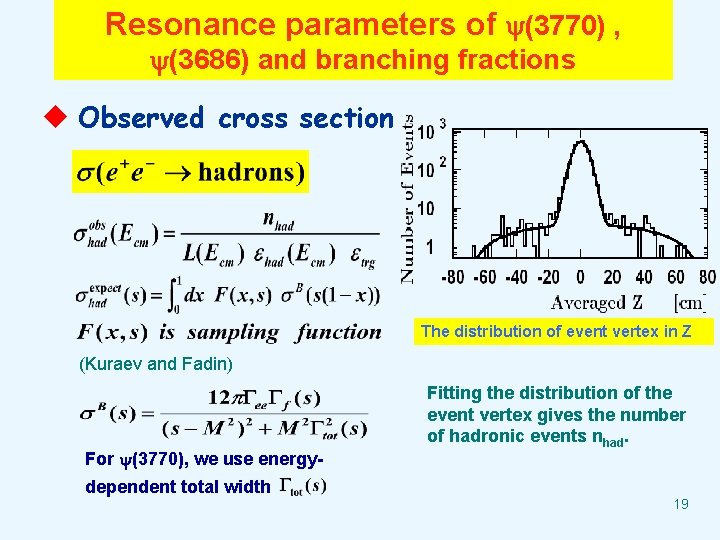 Resonance parameters of (3770) , (3686) and branching fractions u Observed cross section The