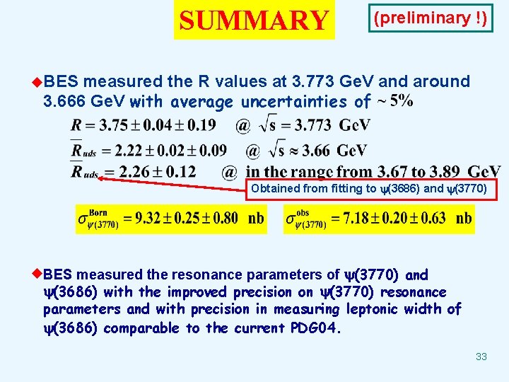 SUMMARY (preliminary !) u. BES. measured the R values at 3. 773 Ge. V