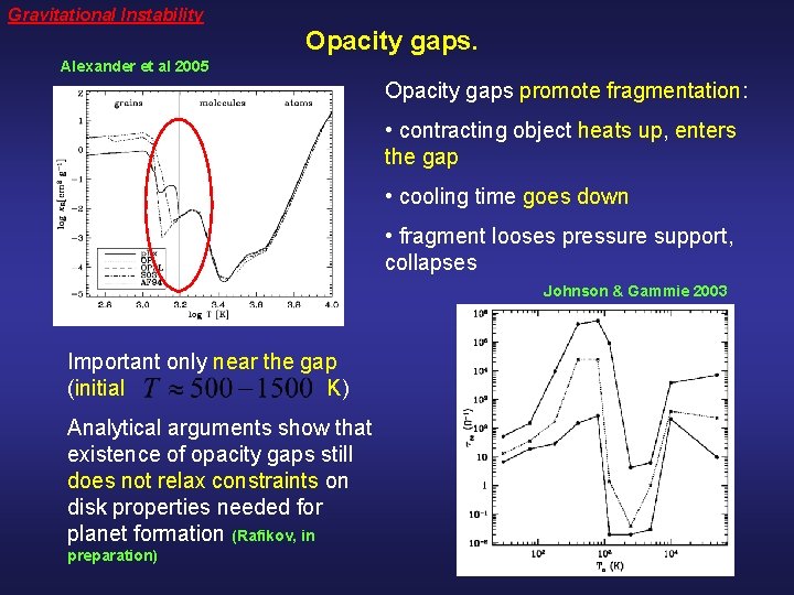 Gravitational Instability Opacity gaps. Alexander et al 2005 Opacity gaps promote fragmentation: • contracting