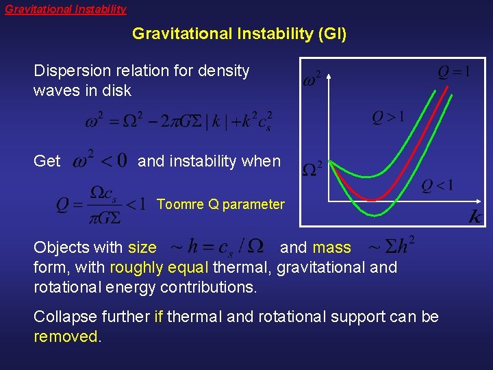 Gravitational Instability (GI) Dispersion relation for density waves in disk Get and instability when