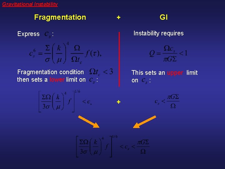 Gravitational Instability Fragmentation Express + Instability requires : Fragmentation condition then sets a lower
