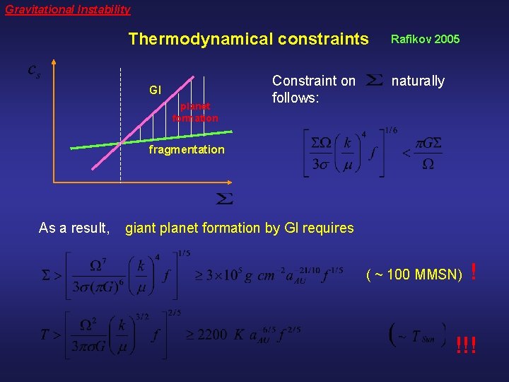Gravitational Instability Thermodynamical constraints GI planet formation Constraint on follows: Rafikov 2005 naturally fragmentation