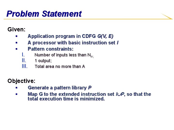 Problem Statement Given: § § § I. III. Application program in CDFG G(V, E)