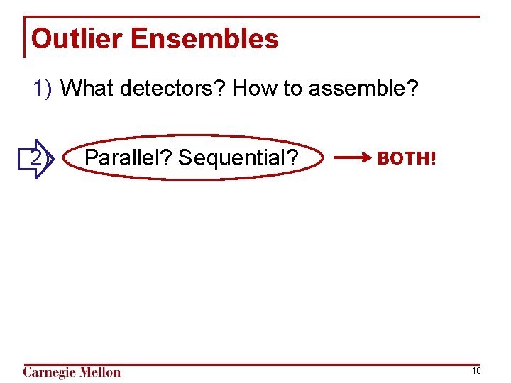 Outlier Ensembles 1) What detectors? How to assemble? 2) Parallel? Sequential? BOTH! 10 