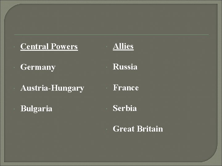  Central Powers Allies Germany Russia Austria-Hungary France Bulgaria Serbia Great Britain 