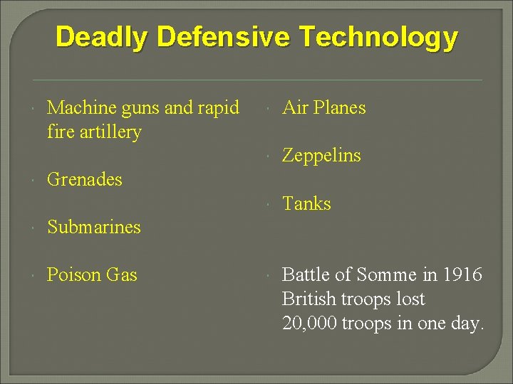 Deadly Defensive Technology Machine guns and rapid fire artillery Air Planes Zeppelins Tanks Battle