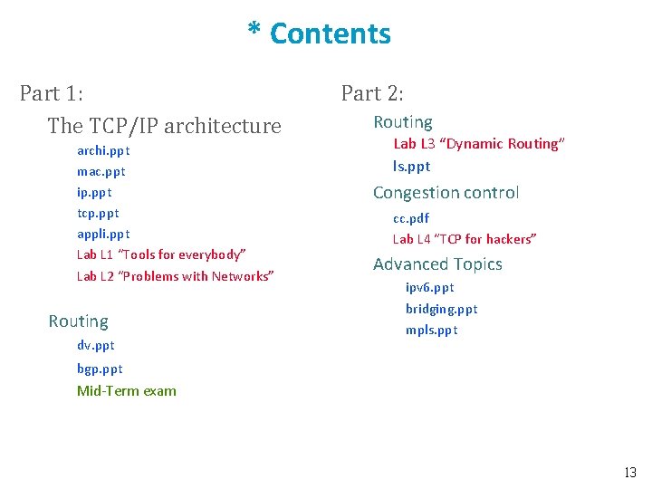 * Contents Part 1: The TCP/IP architecture archi. ppt mac. ppt ip. ppt tcp.