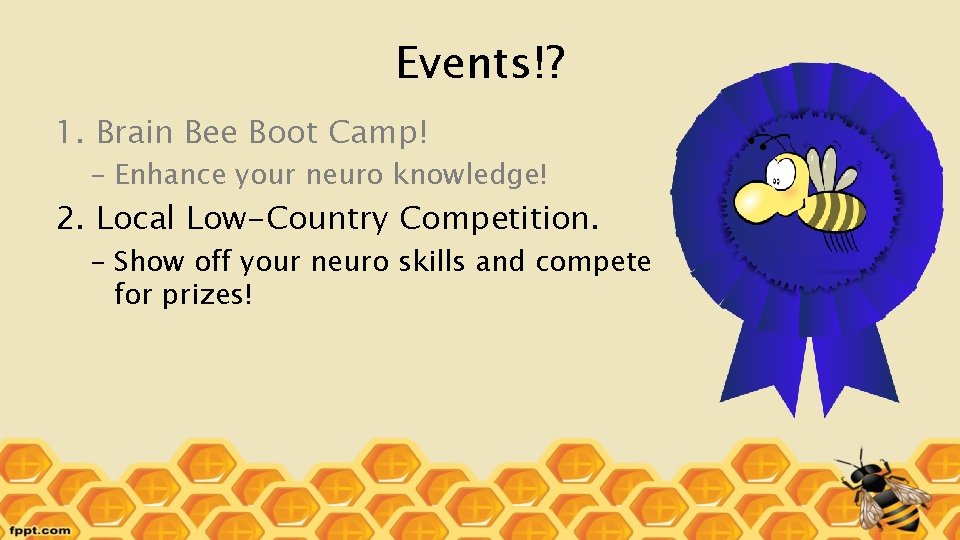 Events!? 1. Brain Bee Boot Camp! – Enhance your neuro knowledge! 2. Local Low-Country