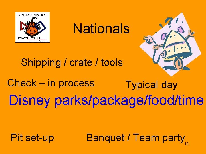 Nationals Shipping / crate / tools Check – in process Typical day Disney parks/package/food/time