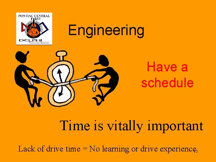 Engineering Have a schedule Time is vitally important Lack of drive time = No