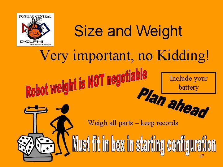 Size and Weight Very important, no Kidding! Include your battery Weigh all parts –