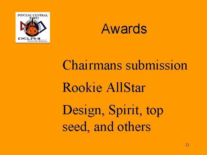Awards Chairmans submission Rookie All. Star Design, Spirit, top seed, and others 21 