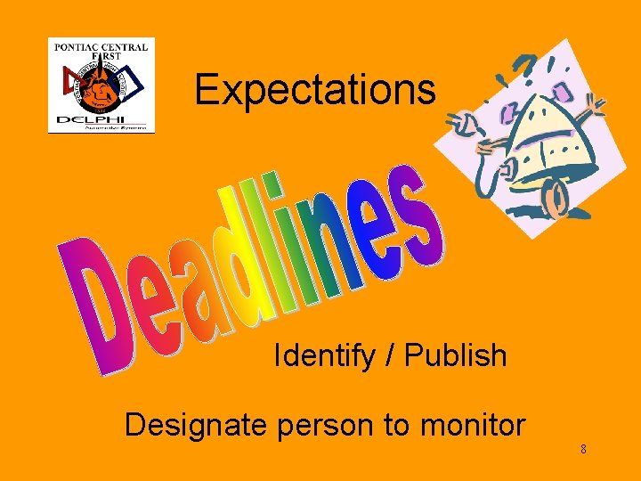 Expectations Identify / Publish Designate person to monitor 8 