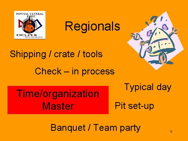 Regionals Shipping / crate / tools Check – in process Time/organization Master Typical day