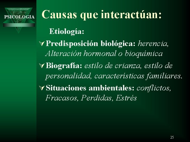 PSICOLOGIA Causas que interactúan: Etiología: Ú Predisposición biológica: herencia, Alteración hormonal o bioquímica Ú