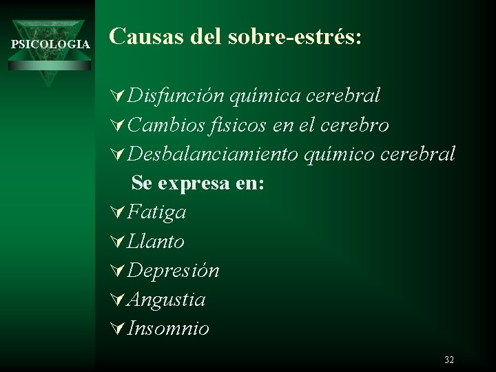 PSICOLOGIA Causas del sobre-estrés: Ú Disfunción química cerebral Ú Cambios físicos en el cerebro