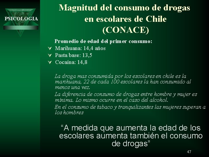 PSICOLOGIA Magnitud del consumo de drogas en escolares de Chile (CONACE) Promedio de edad