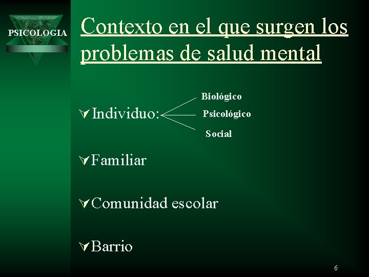 PSICOLOGIA Contexto en el que surgen los problemas de salud mental Biológico Ú Individuo: