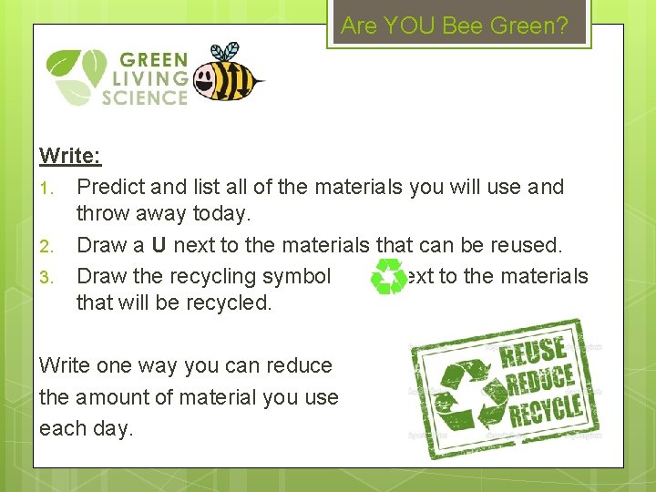 Are YOU Bee Green? Write: 1. Predict and list all of the materials you