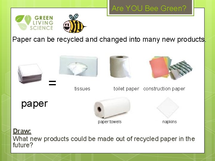 Are YOU Bee Green? Paper can be recycled and changed into many new products.