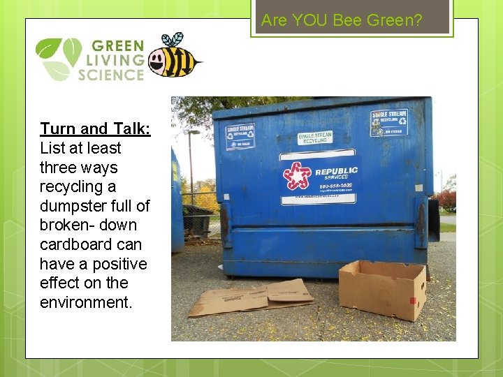 Are YOU Bee Green? Turn and Talk: List at least three ways recycling a