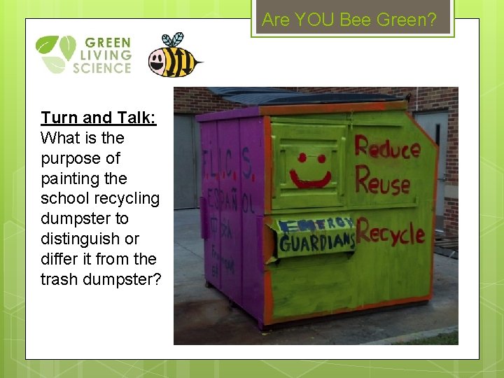 Are YOU Bee Green? Turn and Talk: What is the purpose of painting the