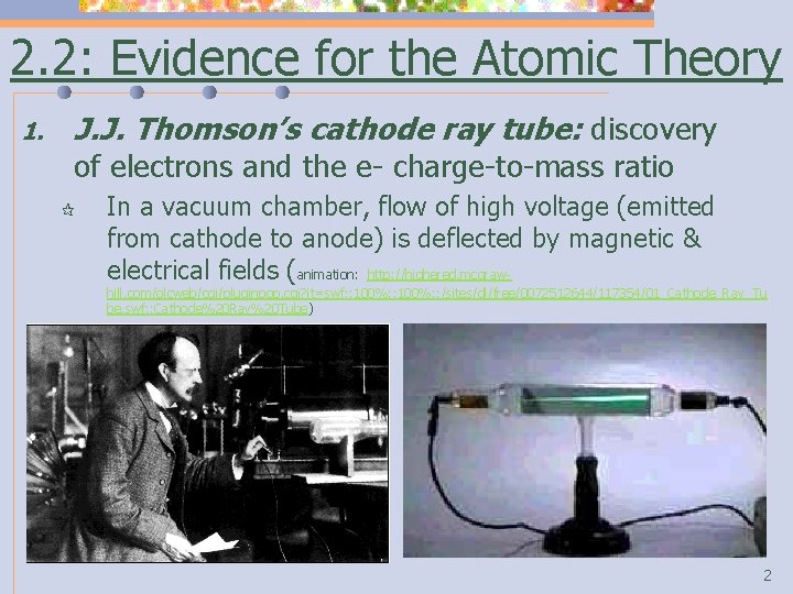 2. 2: Evidence for the Atomic Theory 1. J. J. Thomson’s cathode ray tube: