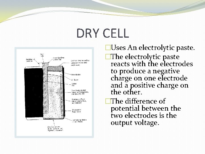 DRY CELL �Uses An electrolytic paste. �The electrolytic paste reacts with the electrodes to