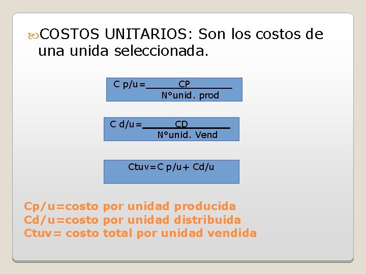  COSTOS UNITARIOS: Son los costos de una unida seleccionada. C p/u= CP N°unid.
