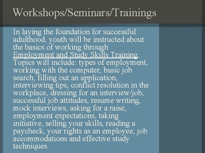 Workshops/Seminars/Trainings In laying the foundation for successful adulthood, youth will be instructed about the