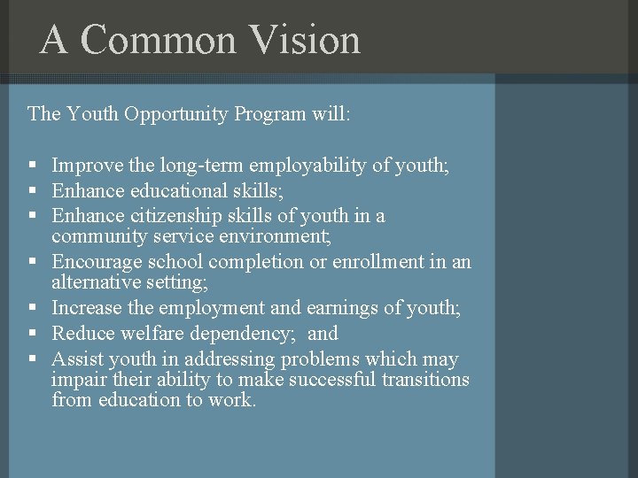 A Common Vision The Youth Opportunity Program will: § Improve the long-term employability of