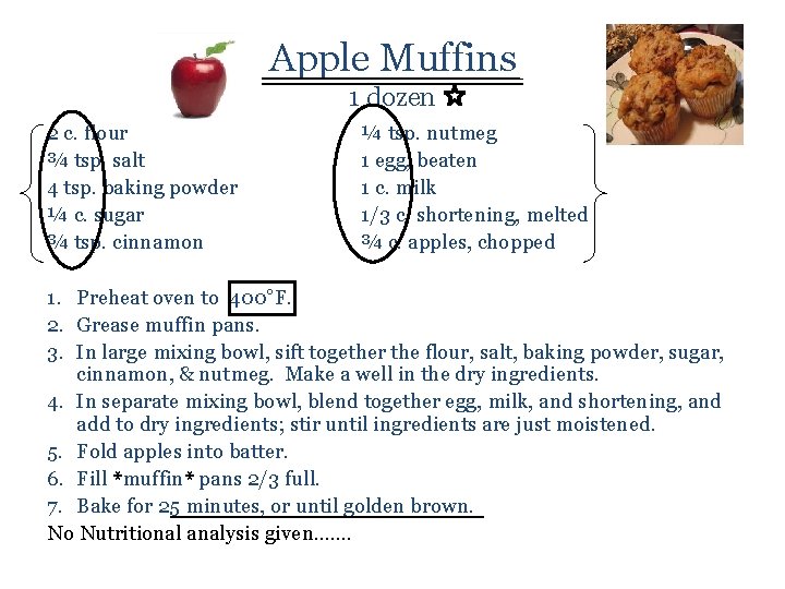 Apple Muffins 1 dozen 2 c. flour ¾ tsp. salt 4 tsp. baking powder