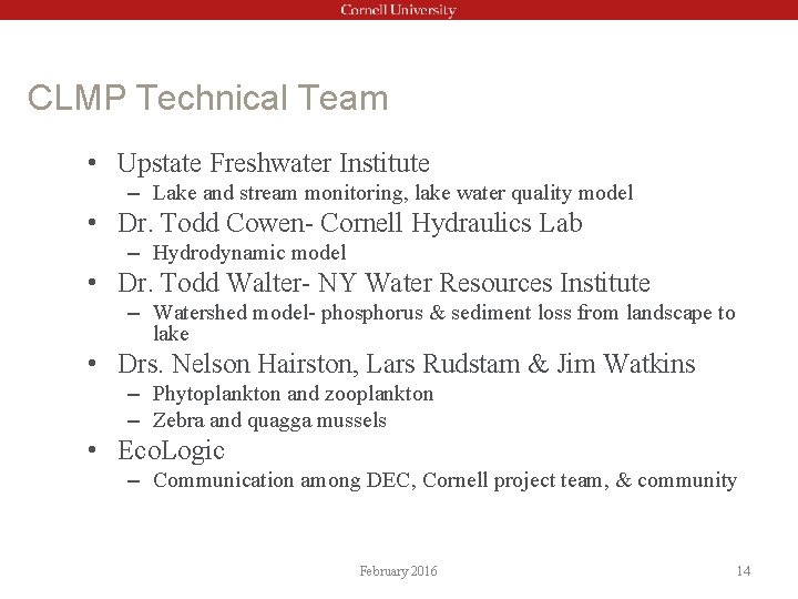 CLMP Technical Team • Upstate Freshwater Institute – Lake and stream monitoring, lake water