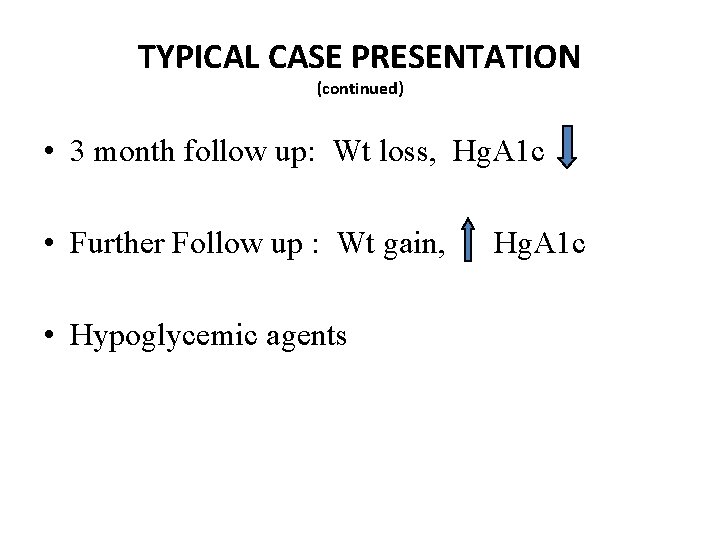 TYPICAL CASE PRESENTATION (continued) • 3 month follow up: Wt loss, Hg. A 1