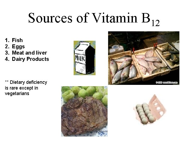 Sources of Vitamin B 12 1. 2. 3. 4. Fish Eggs Meat and liver