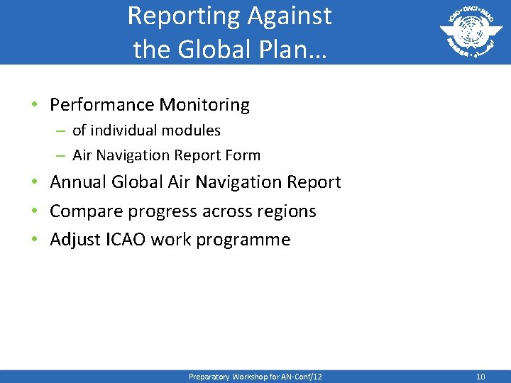 Reporting Against the Global Plan… • Performance Monitoring – of individual modules – Air