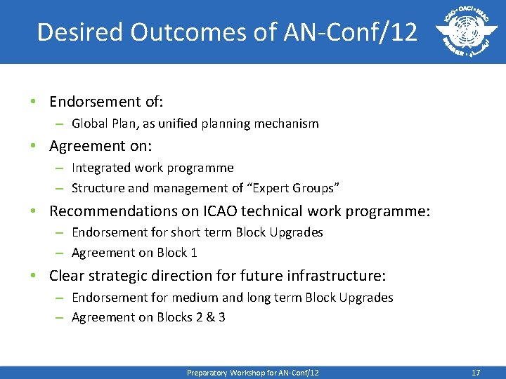 Desired Outcomes of AN-Conf/12 • Endorsement of: – Global Plan, as unified planning mechanism