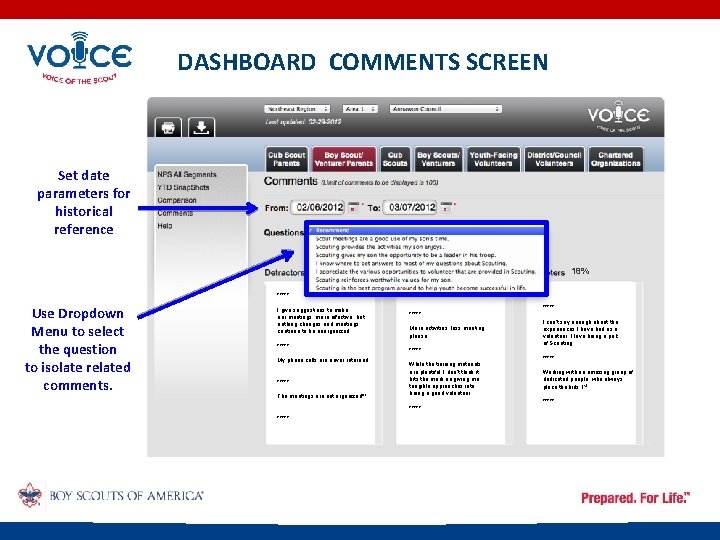 DASHBOARD COMMENTS SCREEN Set date parameters for historical reference 18% ***** Use Dropdown Menu