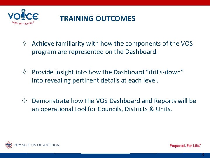 TRAINING OUTCOMES ² Achieve familiarity with how the components of the VOS program are