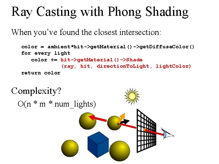 Ray Casting with Phong Shading When you’ve found the closest intersection: color = ambient*hit->get.