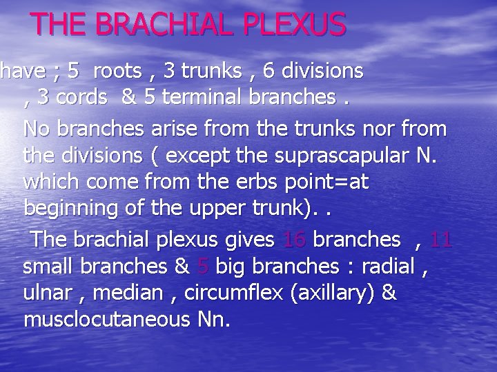 THE BRACHIAL PLEXUS have ; 5 roots , 3 trunks , 6 divisions ,