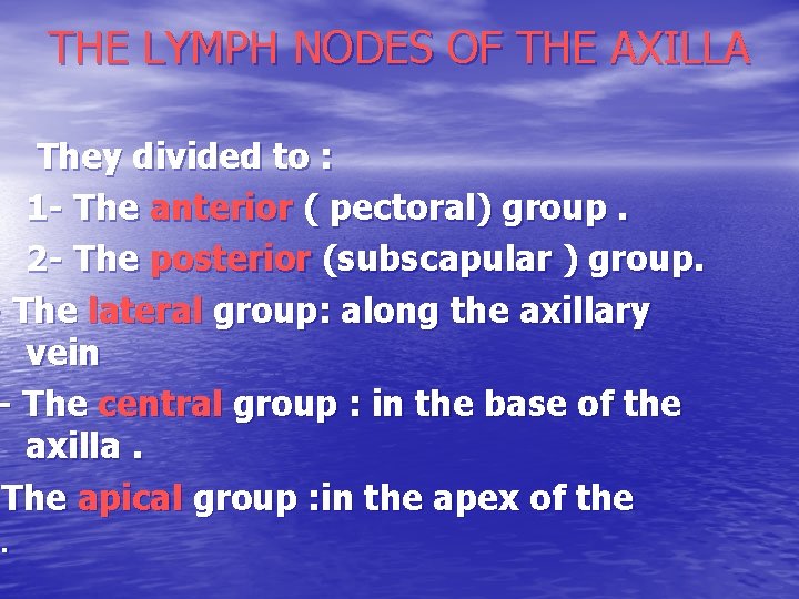 THE LYMPH NODES OF THE AXILLA They divided to : 1 - The anterior