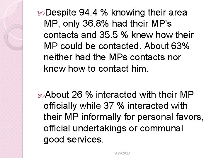  Despite 94. 4 % knowing their area MP, only 36. 8% had their