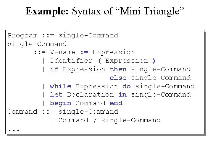 Example: Syntax of “Mini Triangle” Program : : = single-Command : : = V-name